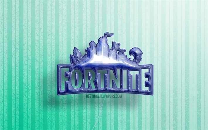 4k, Fortnite 3D-logo, siniset realistiset ilmapallot, pelibr&#228;ndit, Fortnite-logo, Fortnite Battle Royale, siniset puitaustat, Fortnite