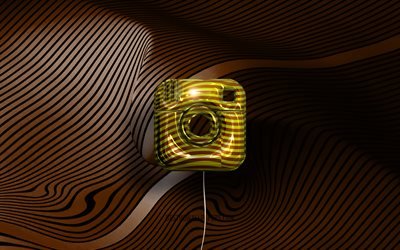 Logotipo 3D do Instagram, 4K, rede social, bal&#245;es realistas dourados, logotipo do Instagram, fundos ondulados marrons, Instagram