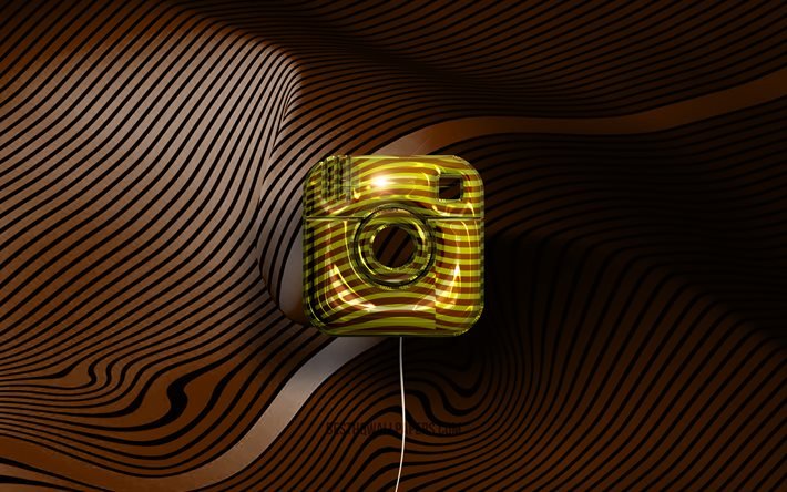 Instagram 3D logo, 4K, social network, golden realistic balloons, Instagram logo, brown wavy backgrounds, Instagram