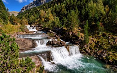 waterfall, mountain river, cascades, mountain landscape, summer, Ordesa Valley, Huesca, Aragon, Spain