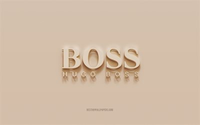 Logotipo Hugo Boss, fundo de gesso marrom, logotipo Hugo Boss 3d, marcas, emblema Hugo Boss, arte 3D, Hugo Boss