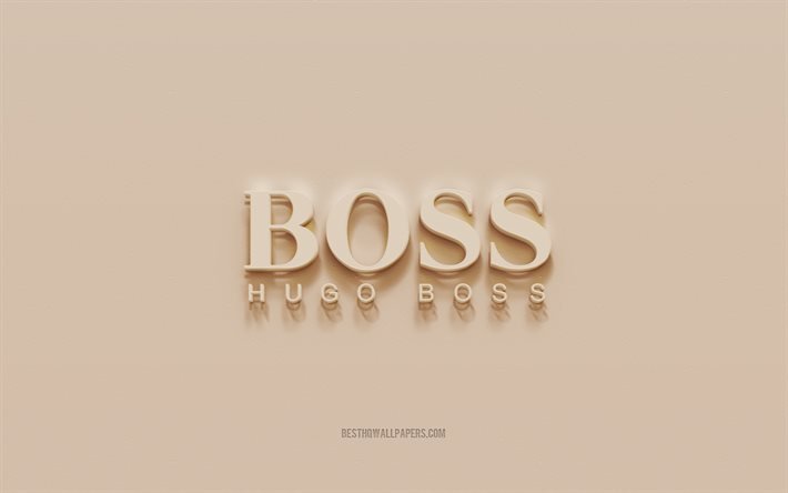 Hugo Boss-logotyp, brun gipsbakgrund, Hugo Boss 3d-logotyp, m&#228;rken, Hugo Boss-emblem, 3d-konst, Hugo Boss