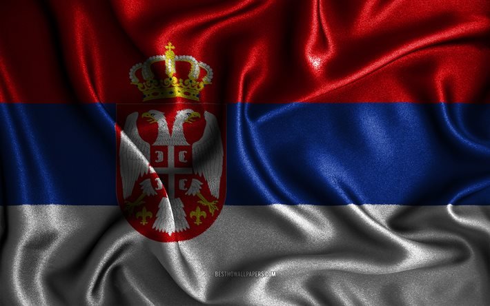 Serbisk flagga, 4k, v&#229;giga sidenflaggor, europeiska l&#228;nder, nationella symboler, Serbiens flagga, tygflaggor, 3D-konst, Serbien, Europa, Serbiens 3D-flagga