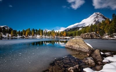 スイス, 4k, 冬。, 山地, 湖, 雪の吹きだまり, 美しい自然, ヨーロッパ, スイスの自然