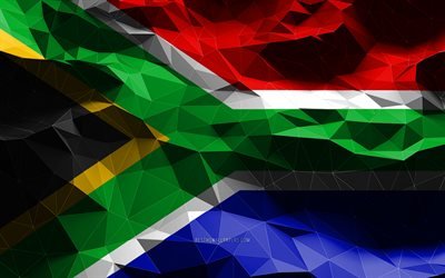 4k, 南アフリカ人, 低ポリアート, アフリカ諸国, 国のシンボル, 南アフリカの旗, 3Dフラグ, 南アフリカ, アフリカ, 南アフリカの3Dフラグ