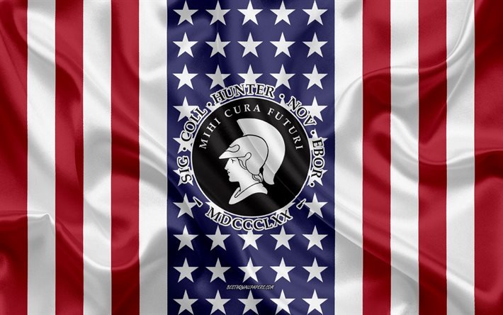 Emblema di Hunter College, bandiera americana, logo Hunter College, New York, USA, Hunter College