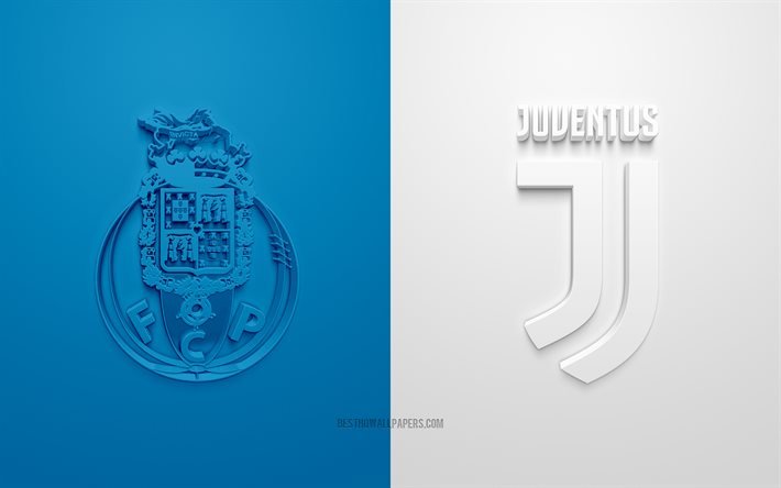 FC Porto vs Juventus FC, UEFA Champions League, Oitavas-de-final, logotipos 3D, fundo azul branco, Liga dos Campe&#245;es, partida de futebol, FC Porto, Juventus FC