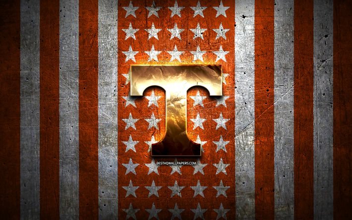 Tennessee Volont&#228;rer flagga, NCAA, orange vit metall bakgrund, amerikansk fotbollslag, Tennessee Volont&#228;rer logo, USA, amerikansk fotboll, gyllene logotyp, Tennessee Volont&#228;rer