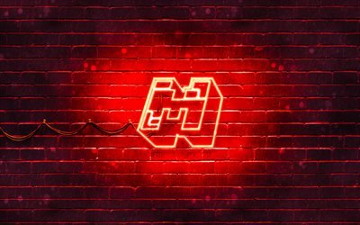 Minecraft red logo, 4k, red brickwall, Minecraft logo, 2020 games, Minecraft neon logo, Minecraft