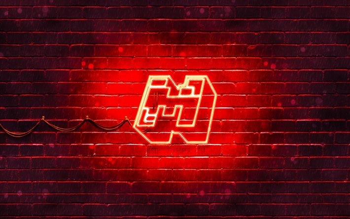 マインクラフト赤のロゴ, 4k, 赤レンガの壁, Minecraftのロゴ, 2020ゲーム, Minecraftのネオンロゴ, Minecraft