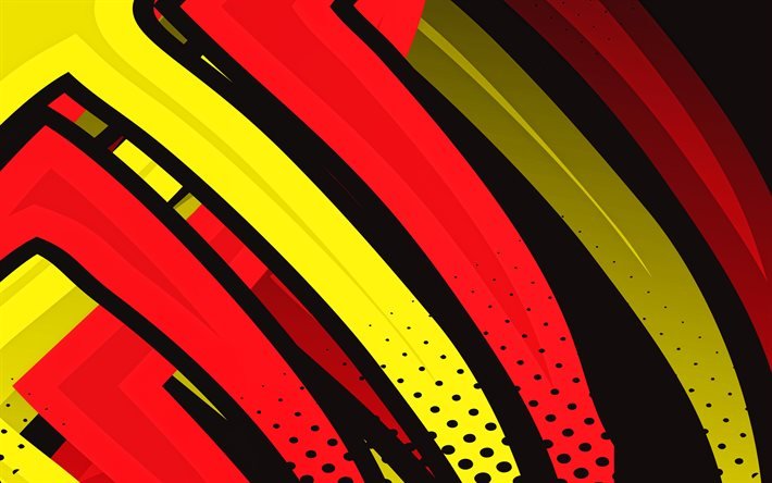 4k, rote und gelbe linien, grunge kunst, geometrische formen, kreative, bunte hintergr&#252;nde, abstrakte beleuchtung, abstrakte hintergr&#252;nde, bunte linien