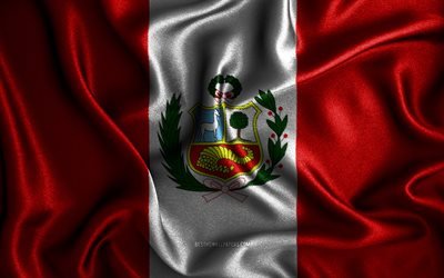 Bandiera peruviana, 4k, bandiere sventolate in seta, paesi sudamericani, simboli nazionali, Bandiera del Per&#249;, bandiere di tessuto, bandiera del Per&#249;, arte 3D, Per&#249;, Sud America, Bandiera 3D del Per&#249;
