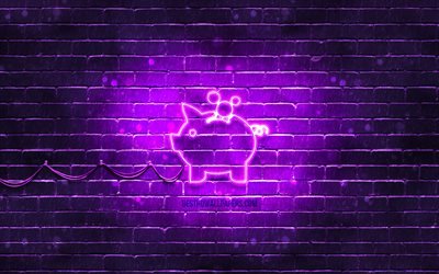 Piggy bank neon icon, 4k, violet background, neon symbols, Piggy bank, neon icons, Piggy bank sign, financial signs, Piggy bank icon, financial icons
