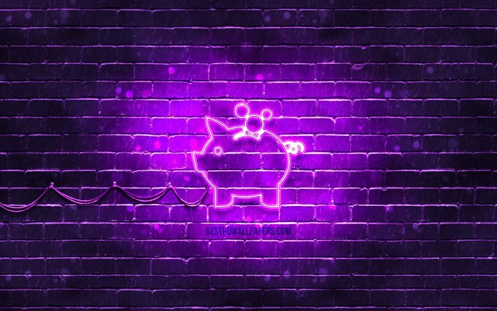 schweinchen-bank-neon-symbol, 4k, violett enke hintergrund, neon-symbole, schweinchen-bank, sparschwein-zeichen, finanzzeichen, sparschwein-symbol, finanz-symbole