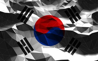 4k, bandiera sudcoreana, arte low poly, paesi asiatici, simboli nazionali, Bandiera della Corea del Sud, bandiere 3D, bandiera della Corea del Sud, Corea del Sud, Asia, Bandiera 3D della Corea del Sud