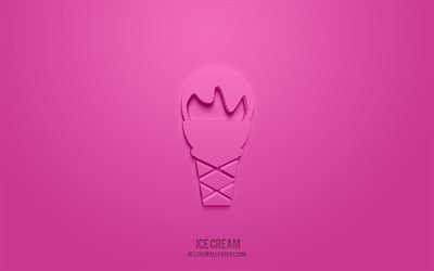 Ice cream 3d icon, pink background, 3d symbols, Ice cream, food icons, 3d icons, Ice cream sign, food 3d icons