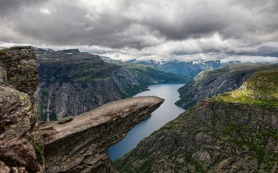 Trolls-Tongue, 4k, mountains, fjord, cliffs, clouds, Norway, beautiful nature, Europe