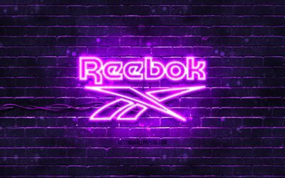 Reebok violetti logo, 4k, violetti tiilisein&#228;, Reebok logo, muoti tuotemerkit, Reebok neon logo, Reebok