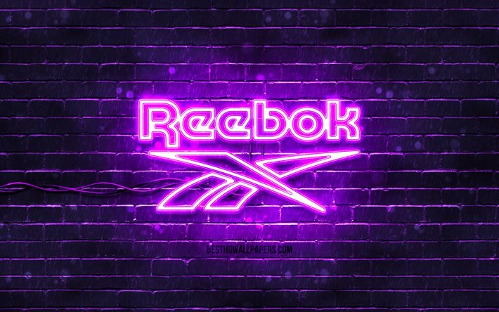 Reebok violett logotyp, 4k, violett brickwall, Reebok logotyp, modem&#228;rken, Reebok neon logotyp, Reebok