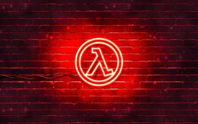 Logo rosso Half-Life, 4k, muro di mattoni rosso, logo Half-Life, giochi 2020, logo al neon Half-Life, Half-Life