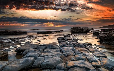 sunset, coast, sea, waves, rocks