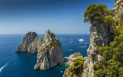 mediterranean sea, rock, coast, sea, Capri, Italy, Cruise Ship, Yacht