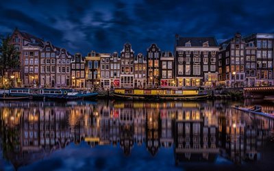 Amsterdam, Canal Singel, pa&#237;ses Bajos, por la noche, las embarcaciones de recreo, el canal, la noche