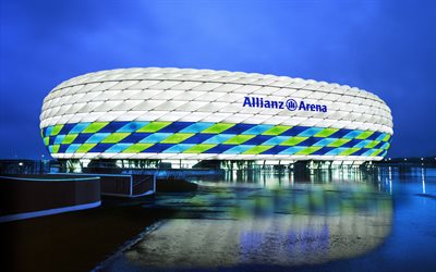 Allianz Arena, 4K, football stadium, Munich, Germany, sports facilities, evening, stadium