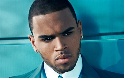 Chris Brown, 4K, Amerikalı şarkıcı, portre, mavi ceket, Amerikalı &#252;nl&#252;ler