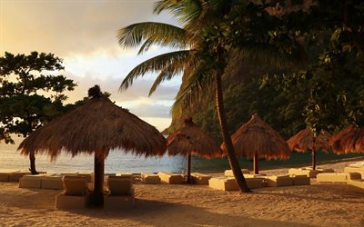Caribbean Sea, Mount Python, tropical islands, beach, umbrellas, Saint Lucia, Caribbean islands, travels