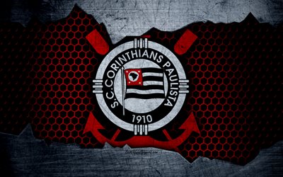Corinthians, 4k, Serie A, logo, grunge, Brazil, soccer, football club, metal texture, art, Corinthians FC