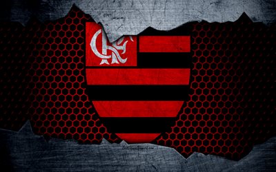Flamengo, 4k, Serie A, logo, grunge, Brazil, soccer, football club, metal texture, art, Flamengo FC