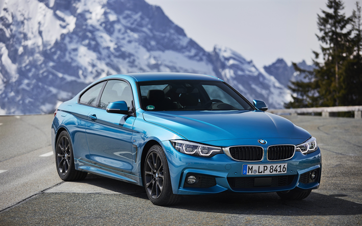 BMW 4, 2017, 4k, sports coupe, azul cielo m4, monta&#241;as, carreteras, coches alemanes, BMW