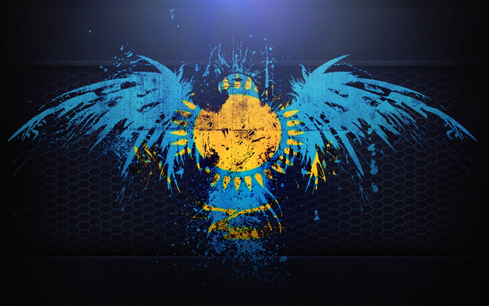 Kazakhstan flag, grunge, art, Kazakh flag, eagle, flag of Kazakhstan, symbolism of Kazakhstan