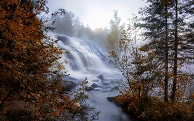 秋, 滝, 川, 山々, 森林, 米国