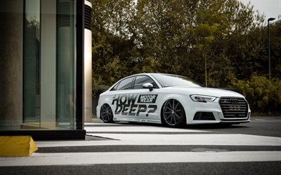 Vossen, tuning, Audi S3 Sedan, 2017 cars, VFS10, stance, white S3, Audi