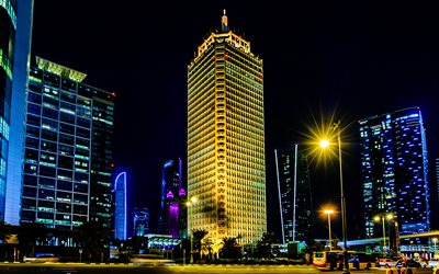 El Dubai World Trade Centre, paisaje nocturno, hoteles, Dubai, EMIRATOS &#225;rabes unidos