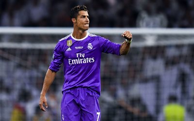 Cristiano Ronaldo, 4k, Real Madrid, Liga, viola uniforme, Spagna, CR7, calcio, Galacticos