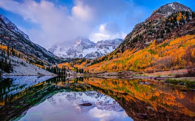 Maroon Bells, dağ, g&#246;l, sonbahar, dağlar, Aspen, Colorado, ABD, Kuzey Maroon Tepe, Kızıl Tepe