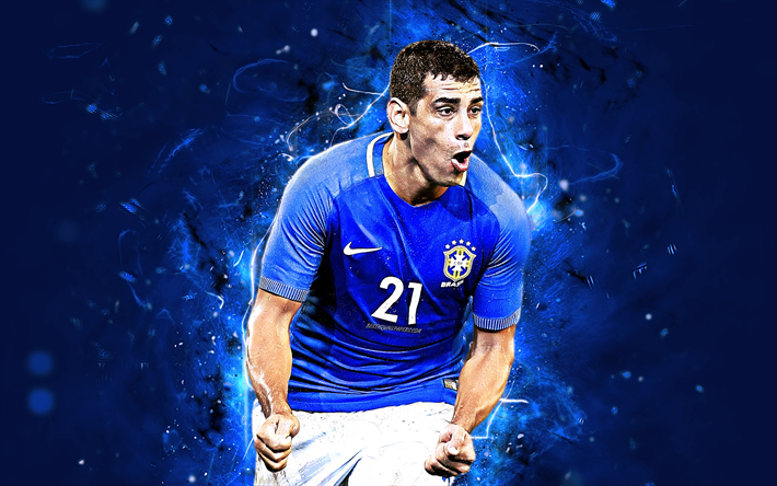 Diego Souza, uniforme blu, Brasiliano, calcio di squadra, calcio, Souza, calciatori, luci al neon, Squadra Nazionale del Brasile