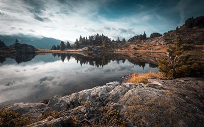 lago de montanha, outono, manh&#227;, nascer do sol, paisagem de montanha