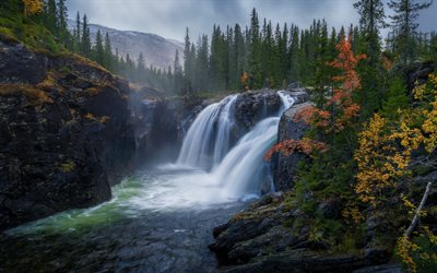 mountain waterfall, autumn, mountain landscape, mountain river, Norway, Hemsedal
