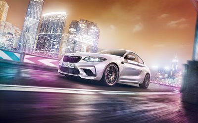 BMW M2, mouvement flou, F87, 2020 voitures, blanc m2, voitures allemandes, la route, la BMW