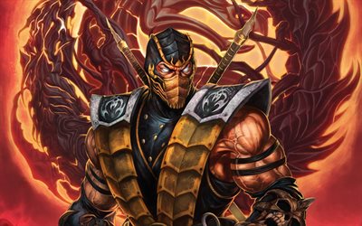 Scorpion, artwork, Mortal Kombat, ninja, fighting game, fire