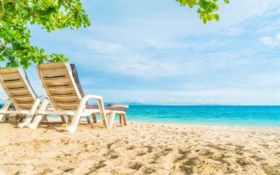 les chaises par la mer, des chaises longues, tropical, &#238;le, plage, voyage, oc&#233;an