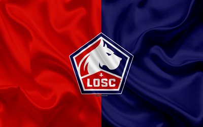 Lille OSC, new logo, 4k, silk texture, new emblem, French football club, red blue flag, France, football, Lille Olympique Sporting Club