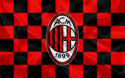 AC Milan, 4k, logo, creativo, arte, rosso, nero, bandiera a scacchi, il calcio italiano di club, emblema, seta, texture, Serie A, Milan, Italy