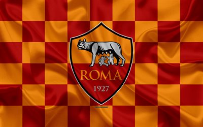 AS Roma, 4k, logo, creative art, burgundy orange checkered flag, Italian football club, emblem, silk texture, Serie A, Rome, Italy