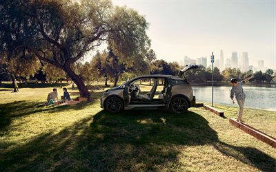 BMW i3, 2018, vista laterale, si aprono tutte le porte, la nuova i3, l&#39;auto elettrica, portellone posteriore elettrico, auto, BMW