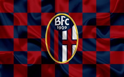 Bologna FC, 4k, logo, yaratıcı sanat, Mavi, Kırmızı damalı bayrak, İtalyan Futbol Kul&#252;b&#252; amblemi, ipeksi doku, Serie A Bologna, İtalya
